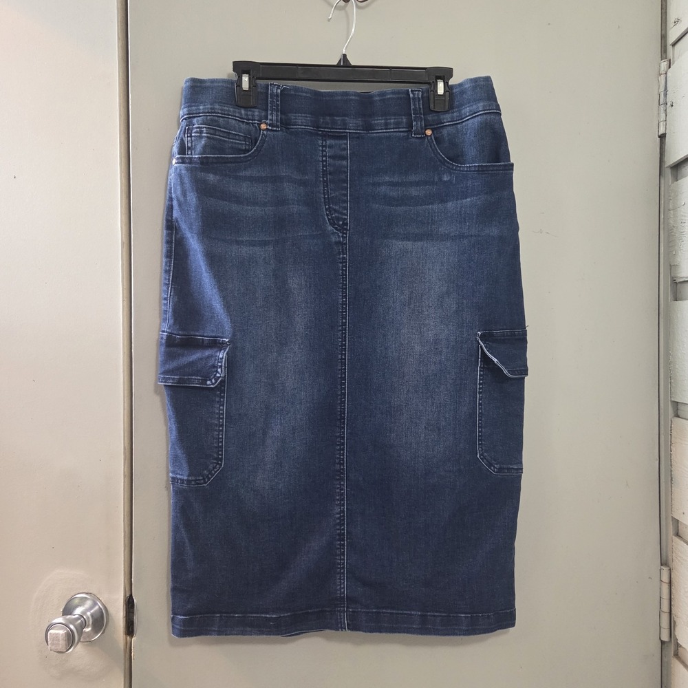 Indigo Poppy Denim Cargo Skirt 14 Midi Stretch 34" Waist Faded Dark Wash Y2K - Picture 1 of 8